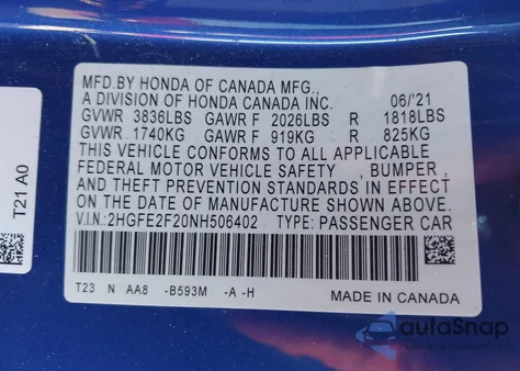 2022 Honda Civic Lx z USA, uszkodzony, nr VIN 2HGFE2F20NH506402